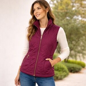 Talbots Quilted Puffer Vest Burgundy Fleece Lined Gold Zip Women's Large Preppy